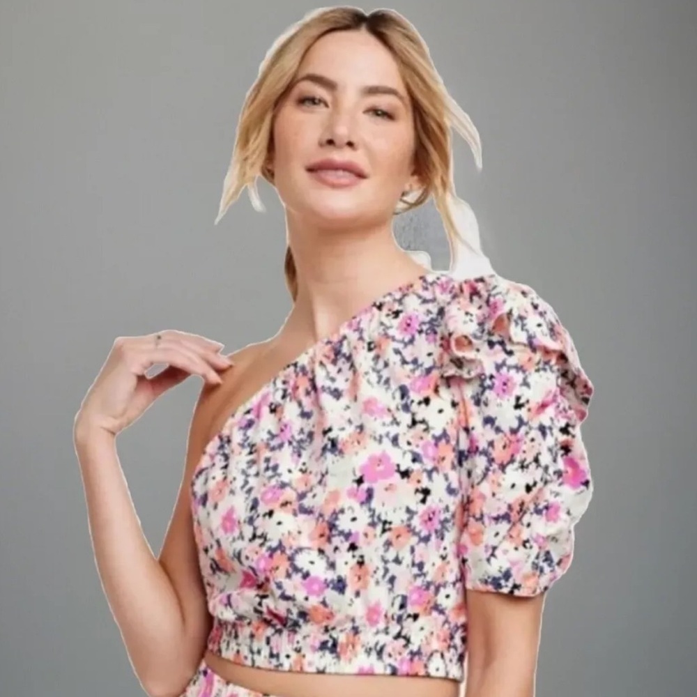NWT  Universal Thread Sz L Womens One-Shoulder Floral Puff Sleeve Crop Top Pink